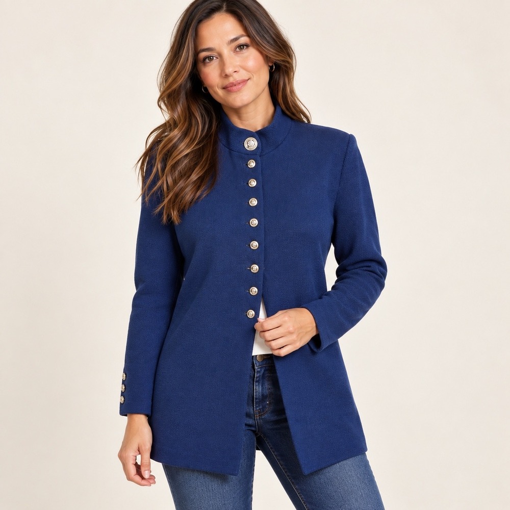 St. John Basics Santana Knit Cardigan Women 4 Navy Blue Military Crest USA